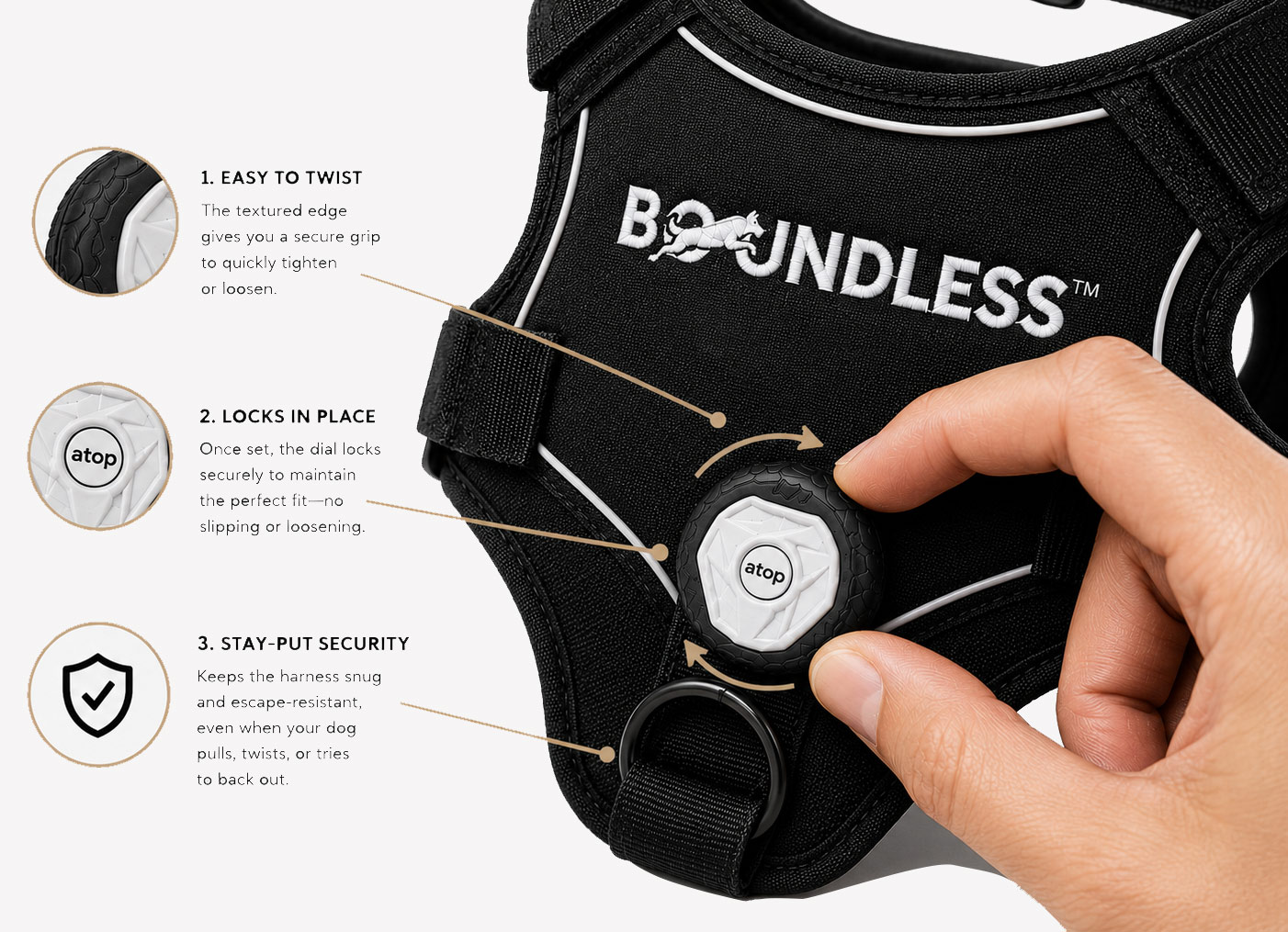BOUNDLESS harness features: easy to twist, locks in place, stay-put security
