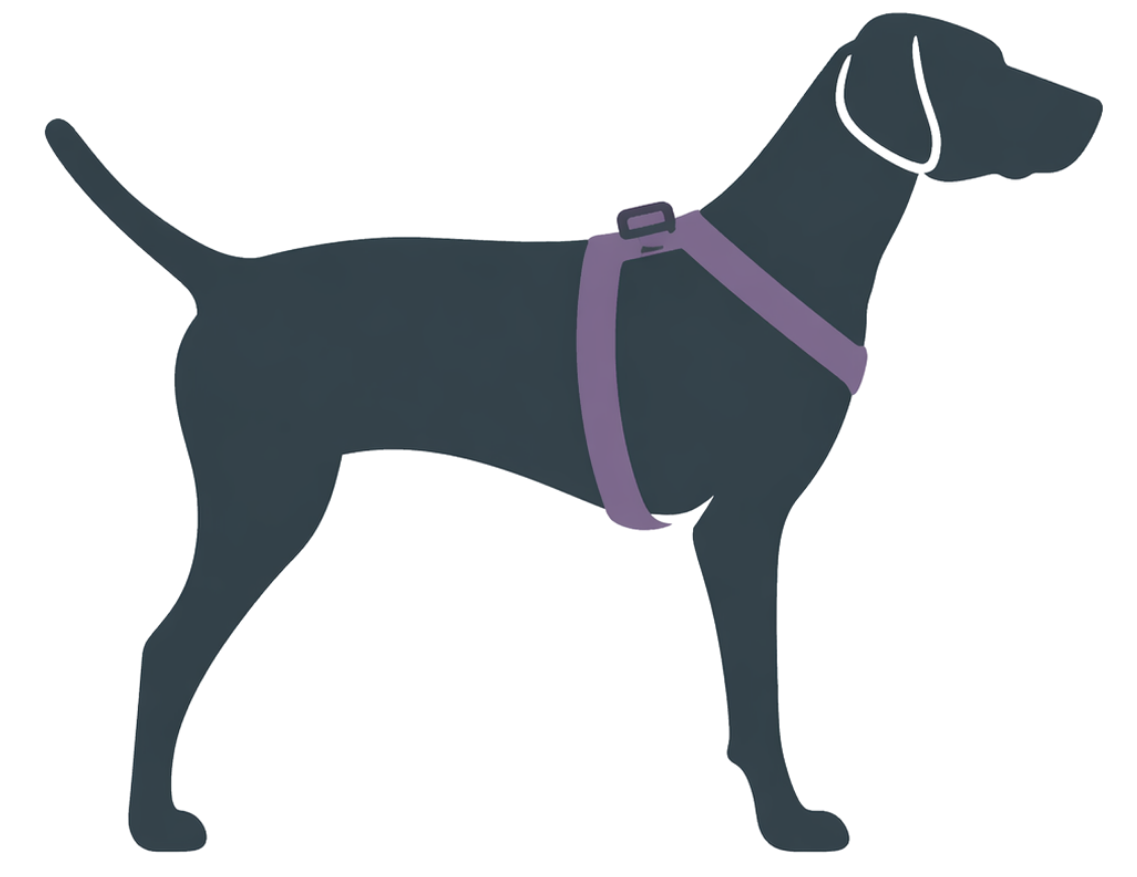 Dog wearing BOUNDLESS harness sizing reference